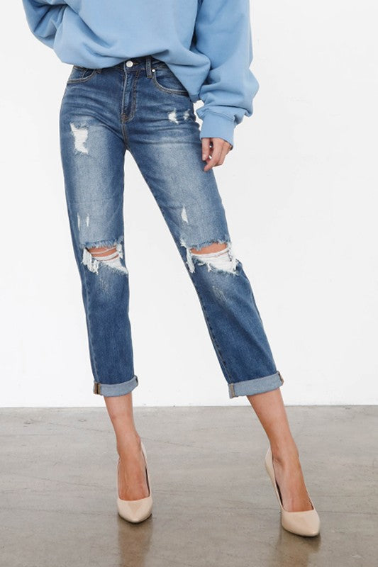 Mid Rise Knee Destroyed Girlfriend Jeans