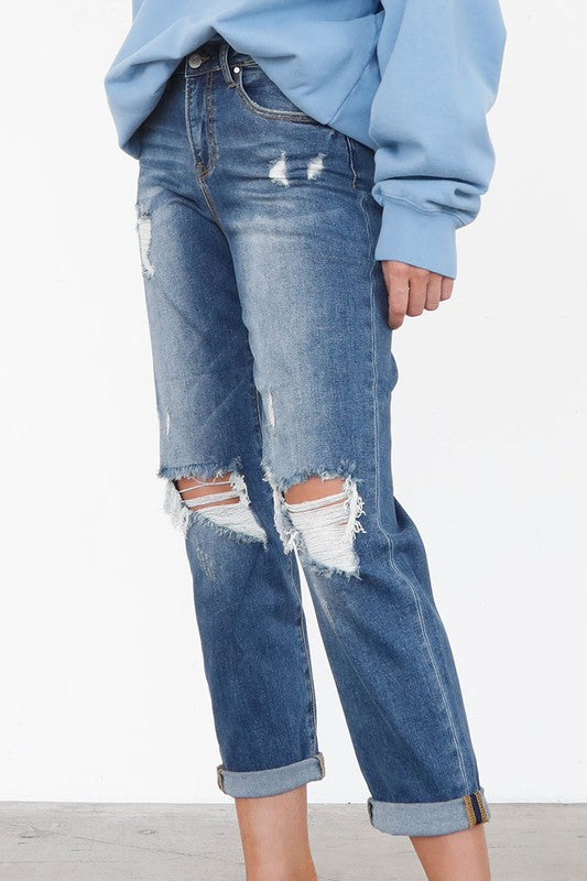 Mid Rise Knee Destroyed Girlfriend Jeans