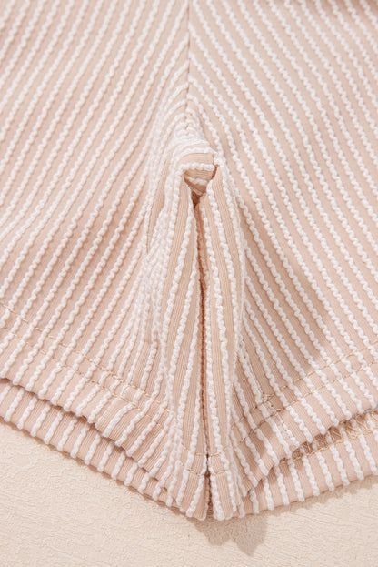 Bright Pink Spiral Ribbed Short Sleeve V Neck Buttoned Romper with Pocket