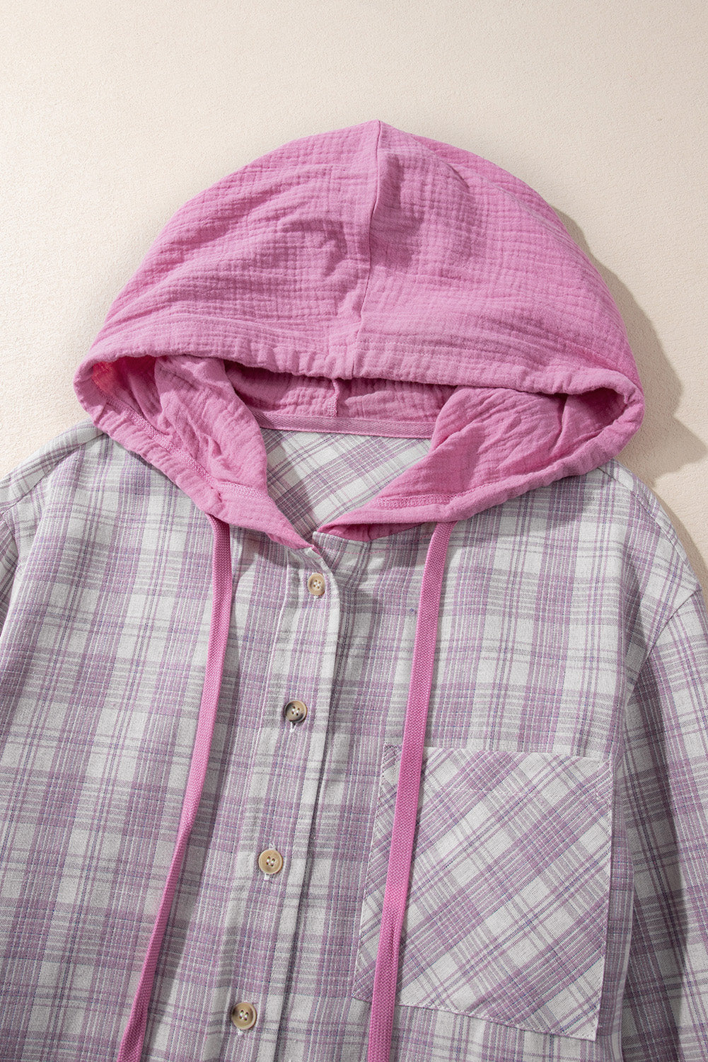 Pink Checkered Print Loose Fit Buttoned Hooded Shacket