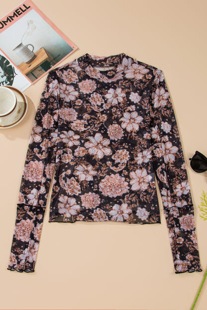 Black Floral Print Mesh Mock Neck Long Sleeve Top