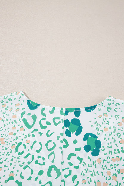 Green Mixed Leopard Print V Neck Short Sleeve Blouse