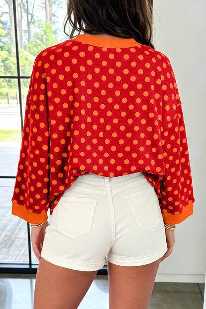 Green Polka Dot Print Contrast Trim Round Neck Bracelet Sleeve Top
