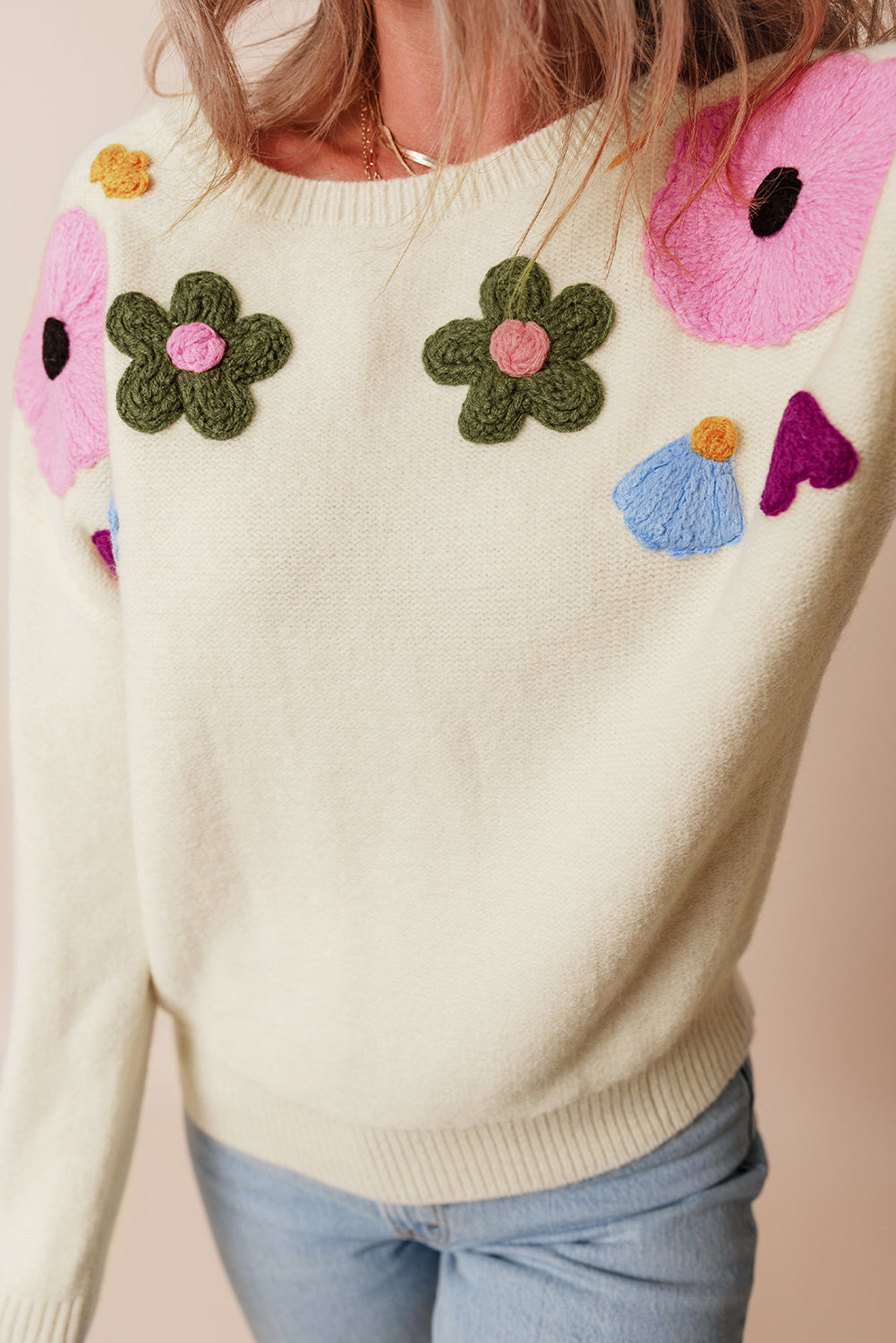 Beige Knitted Flower Pattern Ribbed Edge Sweater