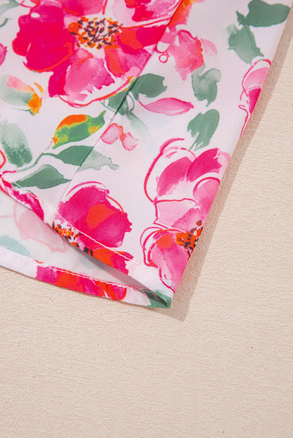Pink Floral Boxy Fit Ruffled Short Sleeve V Neck Blouse