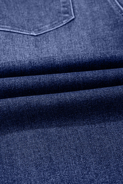 Real Teal Folded Cuffs Distressed Straight High Waist Jeans