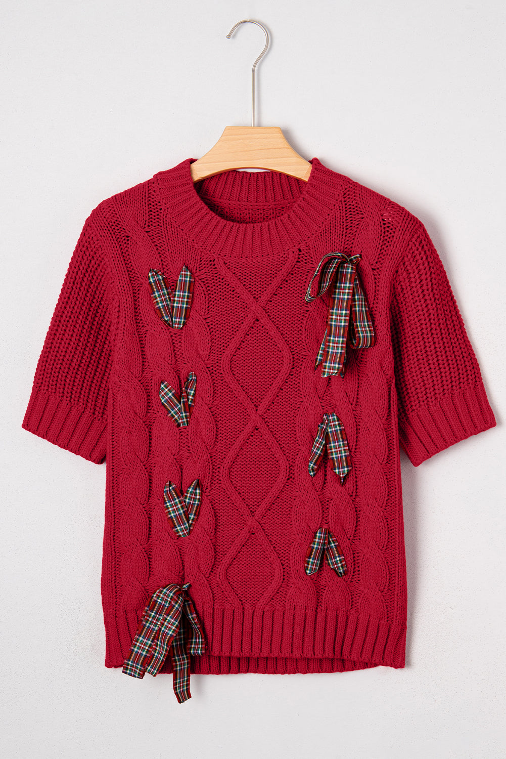 Black Plaid Lace up Detail Christmas Holiday Puff Short Sleeve Sweater