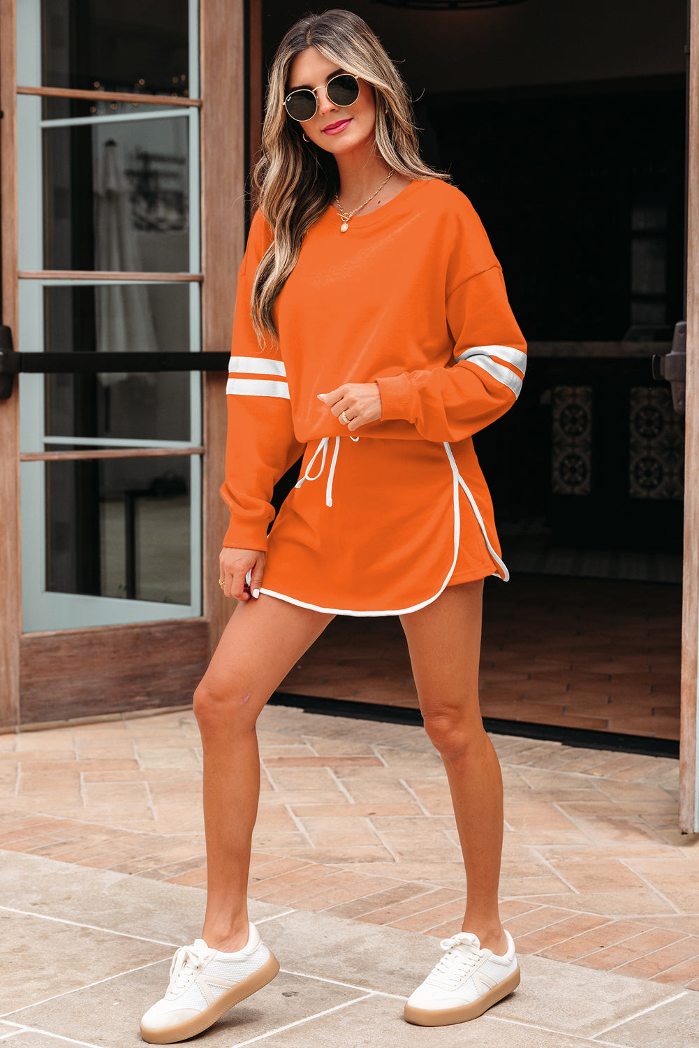 Evergreen Varsity Stripe Detail Drop Shoulder Pullover Mini Skirt Set
