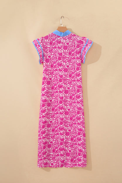 Pink Floral Print Color Block Patchwork V Neck Short Sleeve Midi Dress