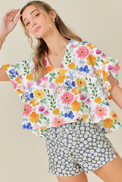 Yellow Floral Boxy Fit Ruffled Short Sleeve V Neck Blouse