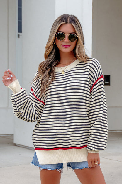 Black Stripe Ribbed Trim Drop Shoulder Oversized Sweater