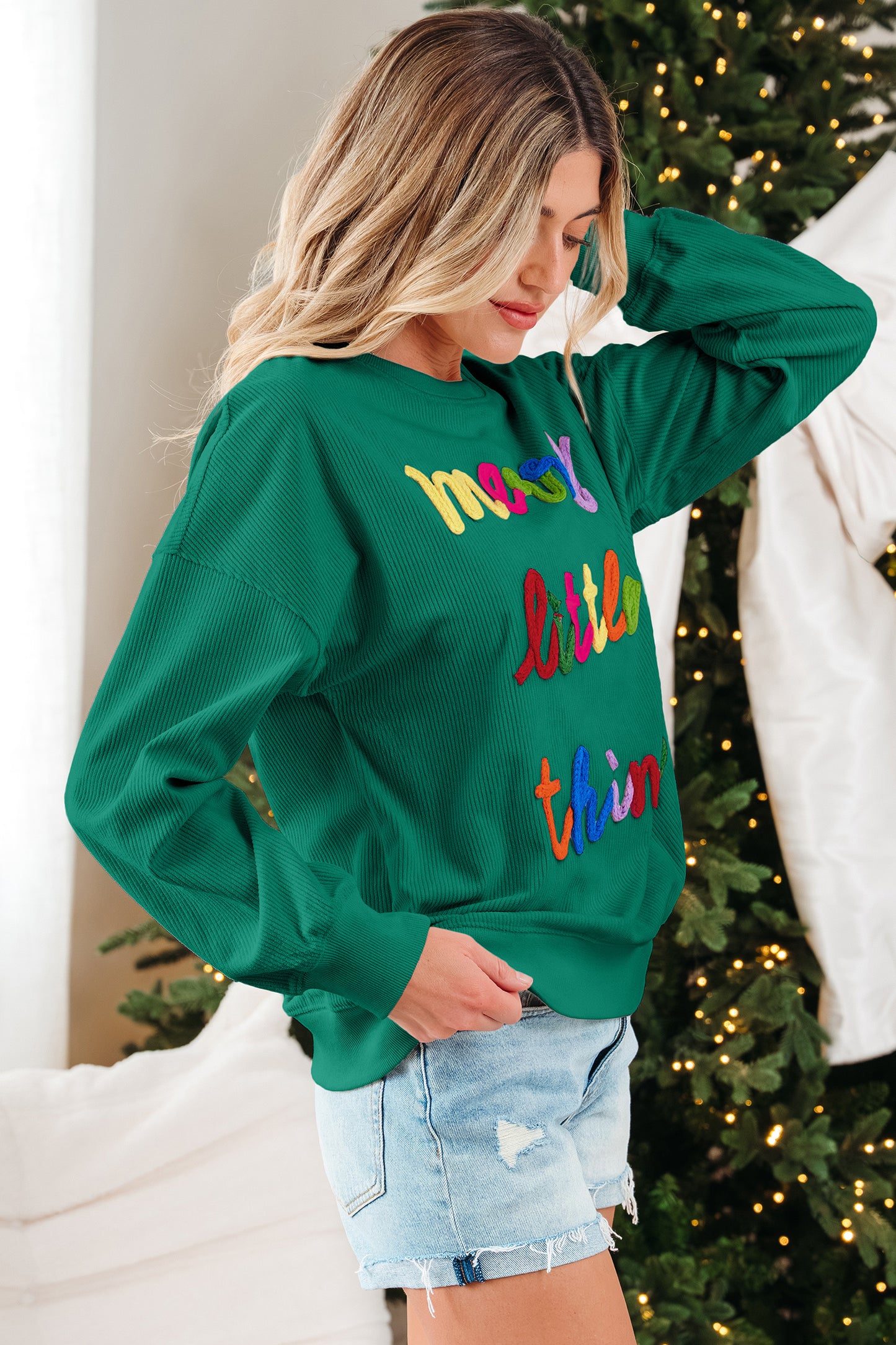 Beige merry little thing Corded Letter Graphic Ribbed Loose Sweatshirt