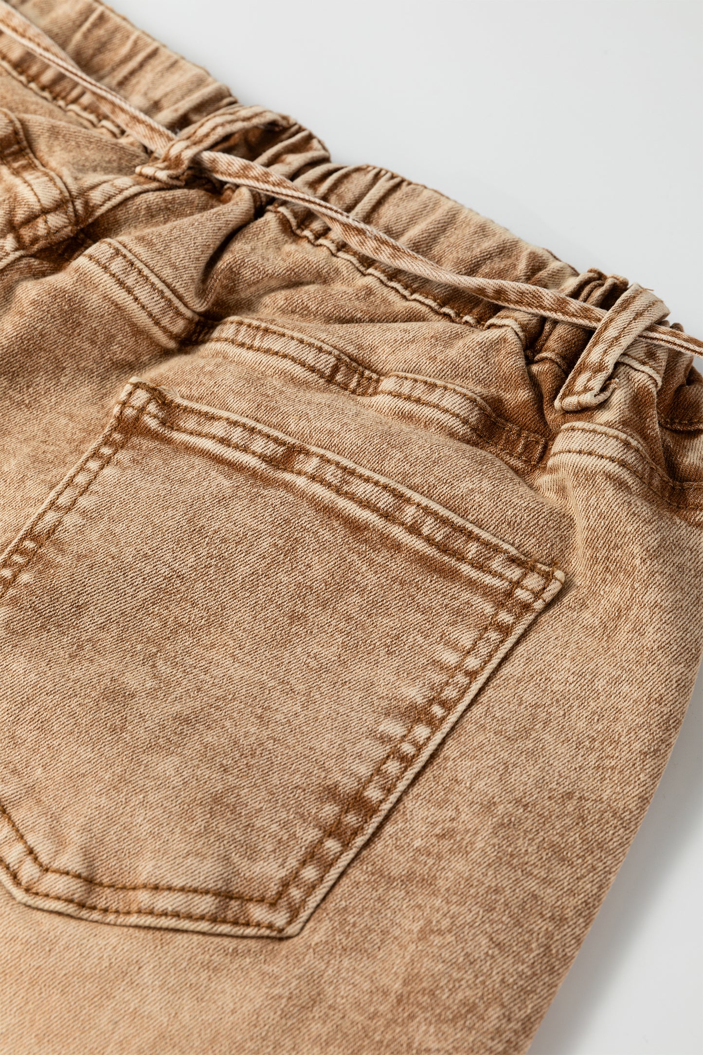 Gray Acid Wash Barrel Fit Denim Pants with Waist String