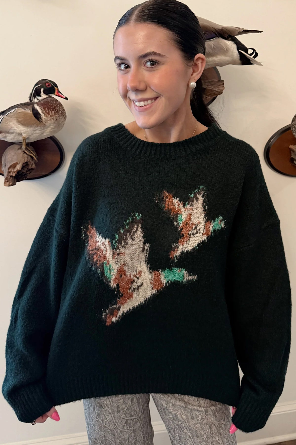Green Wild Mallard Drop Shoulder Round Neck Long Sleeve Pullover Sweater