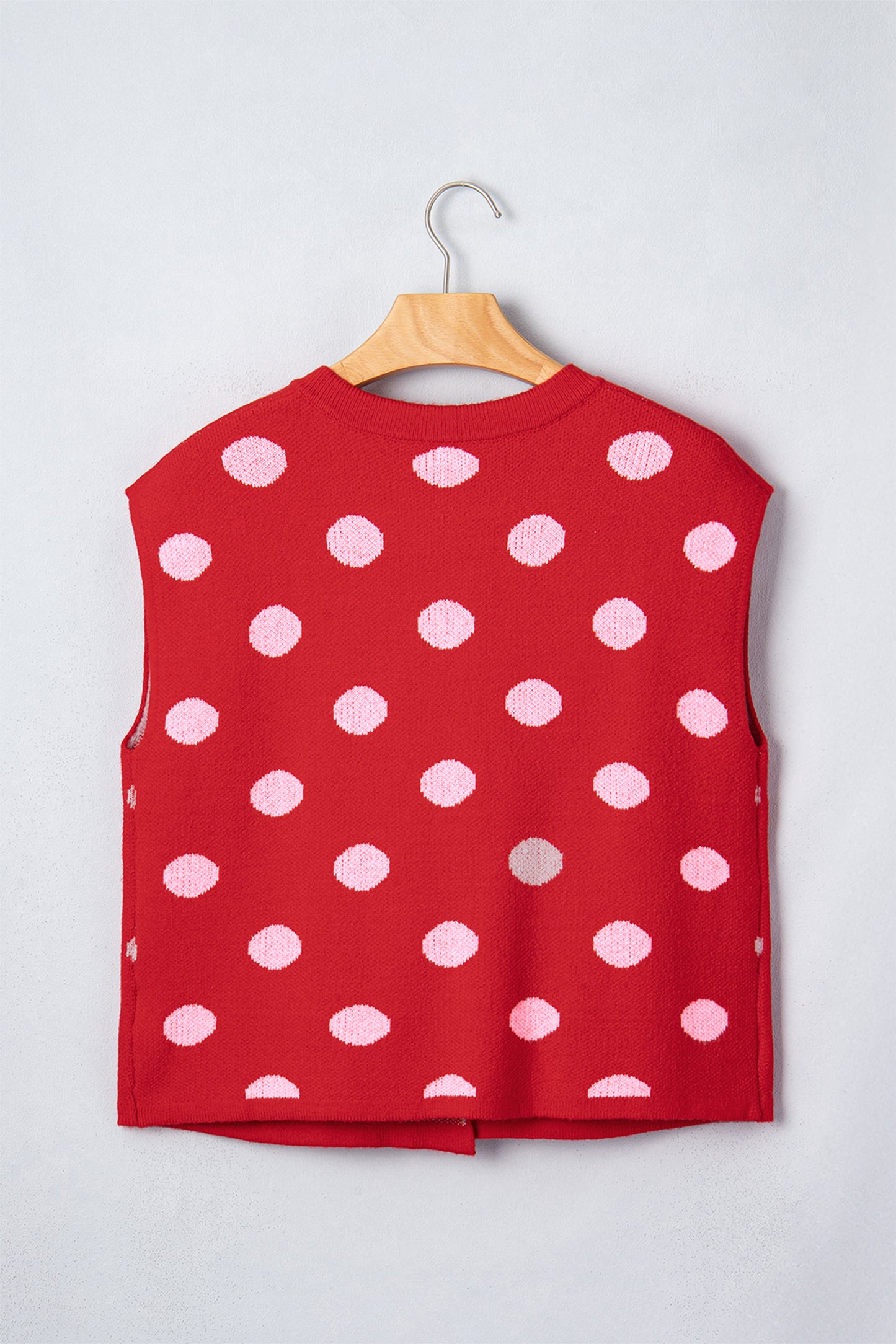 Red Polka Dot Sleeveless Knit Button Drop Shoulder Sweater Vest
