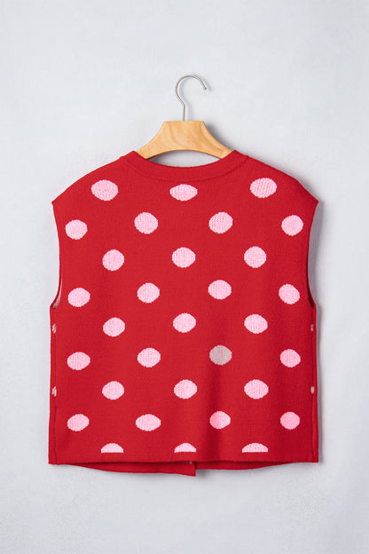 Red Polka Dot Sleeveless Knit Button Drop Shoulder Sweater Vest