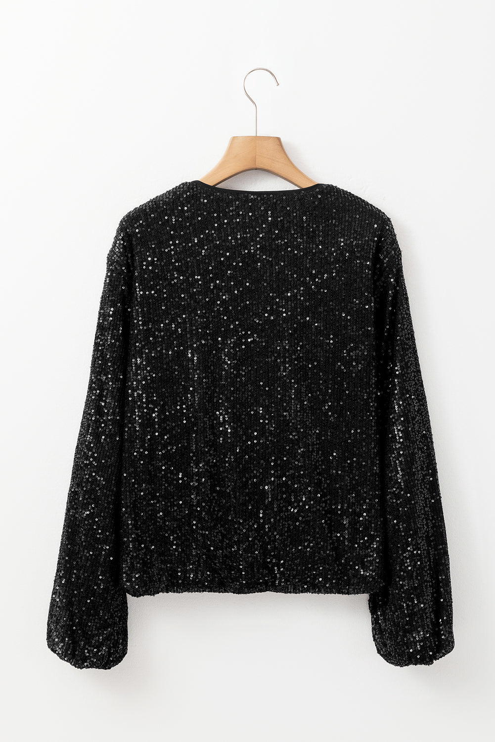 Black Sequin Zip up Round Neck Long Sleeve Jacket