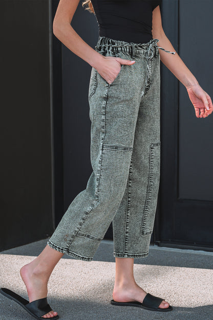 Gray Acid Wash Barrel Fit Denim Pants with Waist String