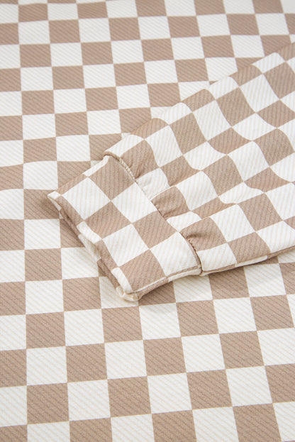 Khaki Checkered Long Sleeve Crop Top High Waist Skort 2pcs Set