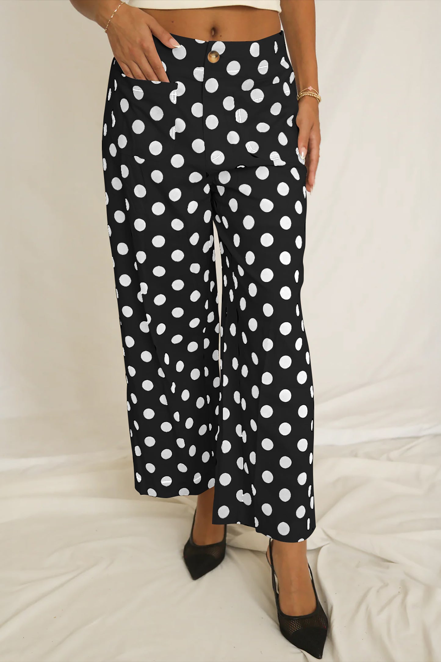 Sky Blue Polka Dot Print Patched Pocket Mid-rise Straight Leg Pants