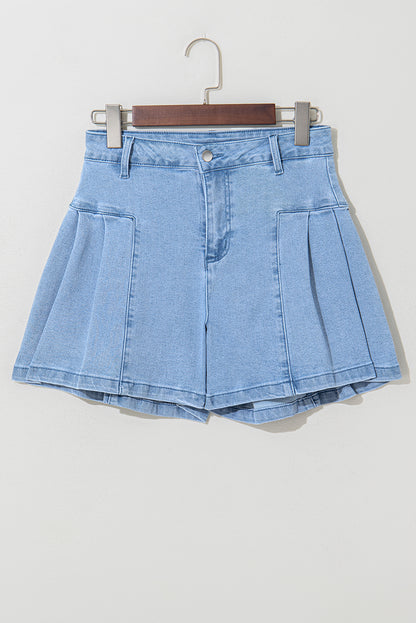 Dusk Blue Pleated Patchwork Wide Leg Lightweight Denim Shorts