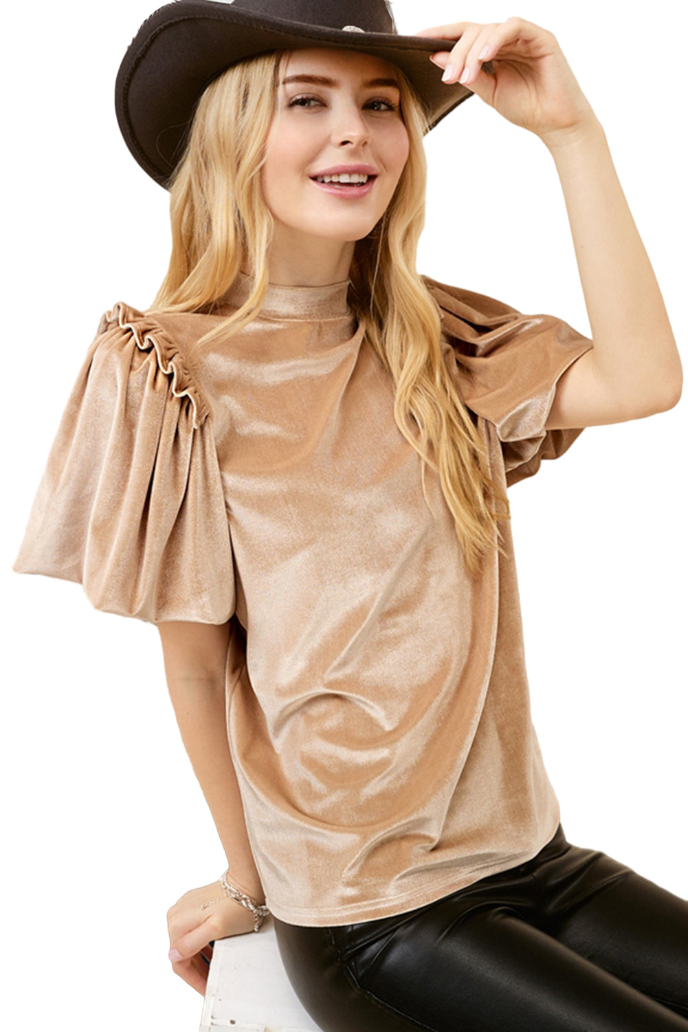 Light French Beige Frilly Puff Sleeve Mock Neck Blouse