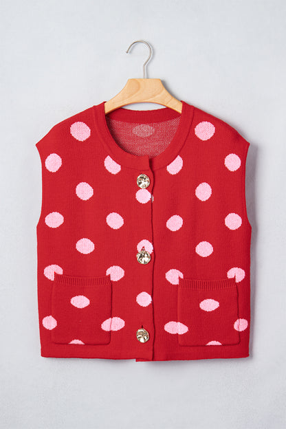 Red Polka Dot Sleeveless Knit Button Drop Shoulder Sweater Vest