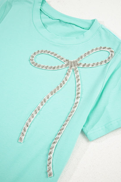 Mint Green Rhinestone Bow Embellished Round Neck Tee