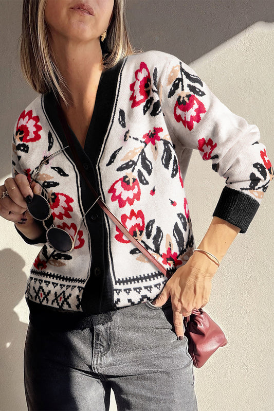 Black Floral Print Buttoned Front V Neck Knit Cardigan