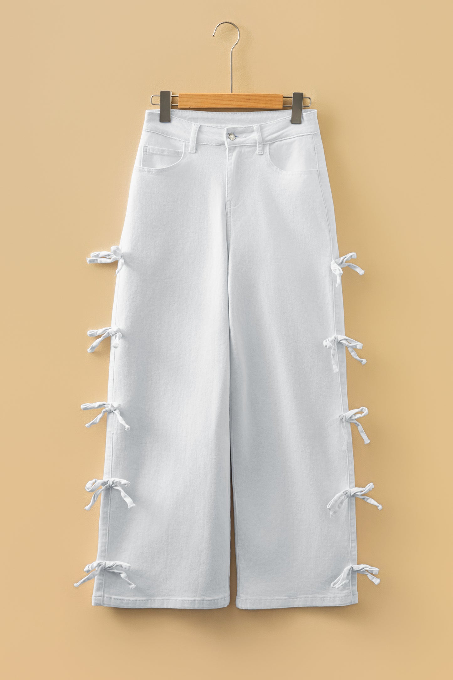 White Bow Knot Side Detail Straight Leg Loose Jeans