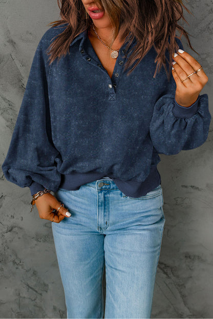 Blue Washed Snap Buttons Lantern Sleeve Pullover Sweatshirt