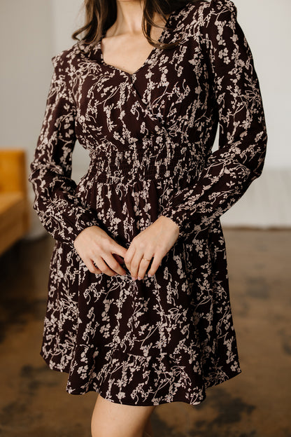 Brown Ditsy Floral Print Split Neck Long Sleeve Shirred Waist Flared Mini Dress