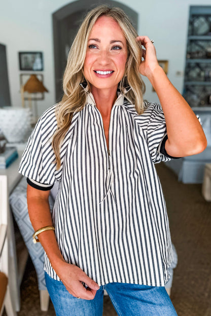 Black Stripe Polo Collar Half Zip Short Puff Sleeve Blouse