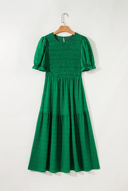 Dark Green Solid Textured Smocked Puff Short Sleeve High Waist Long Dress