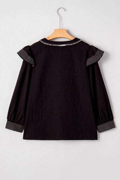 Black Contrast Stitched Detail V Neck Ruffle Long Sleeve Blouse