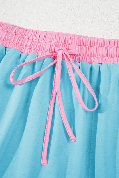 Turquoise Colorblock Edge Drop Shoulder T Shirt and Skirt 2Pcs Set