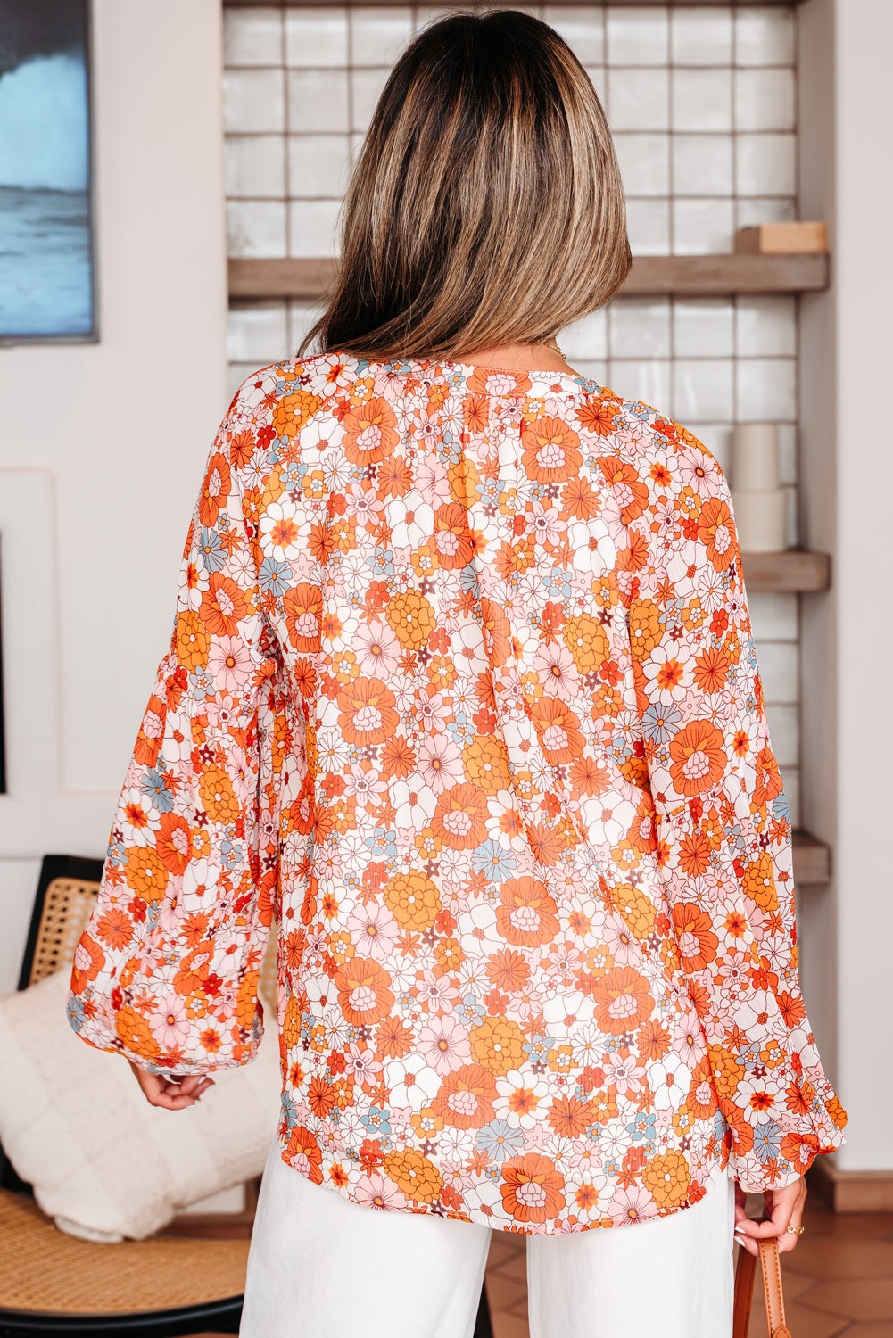 Orange Floral Print V Neck Long Puff Sleeve Top