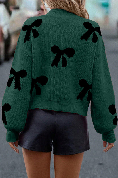 Racing Red Pearl Embellished Bow Pattern Loose Sweater