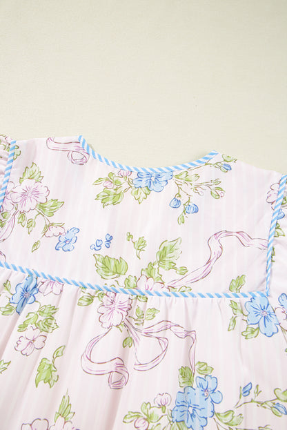 Pink Floral Striped Print Contrast Trim Tie Split Neck Mini Dress