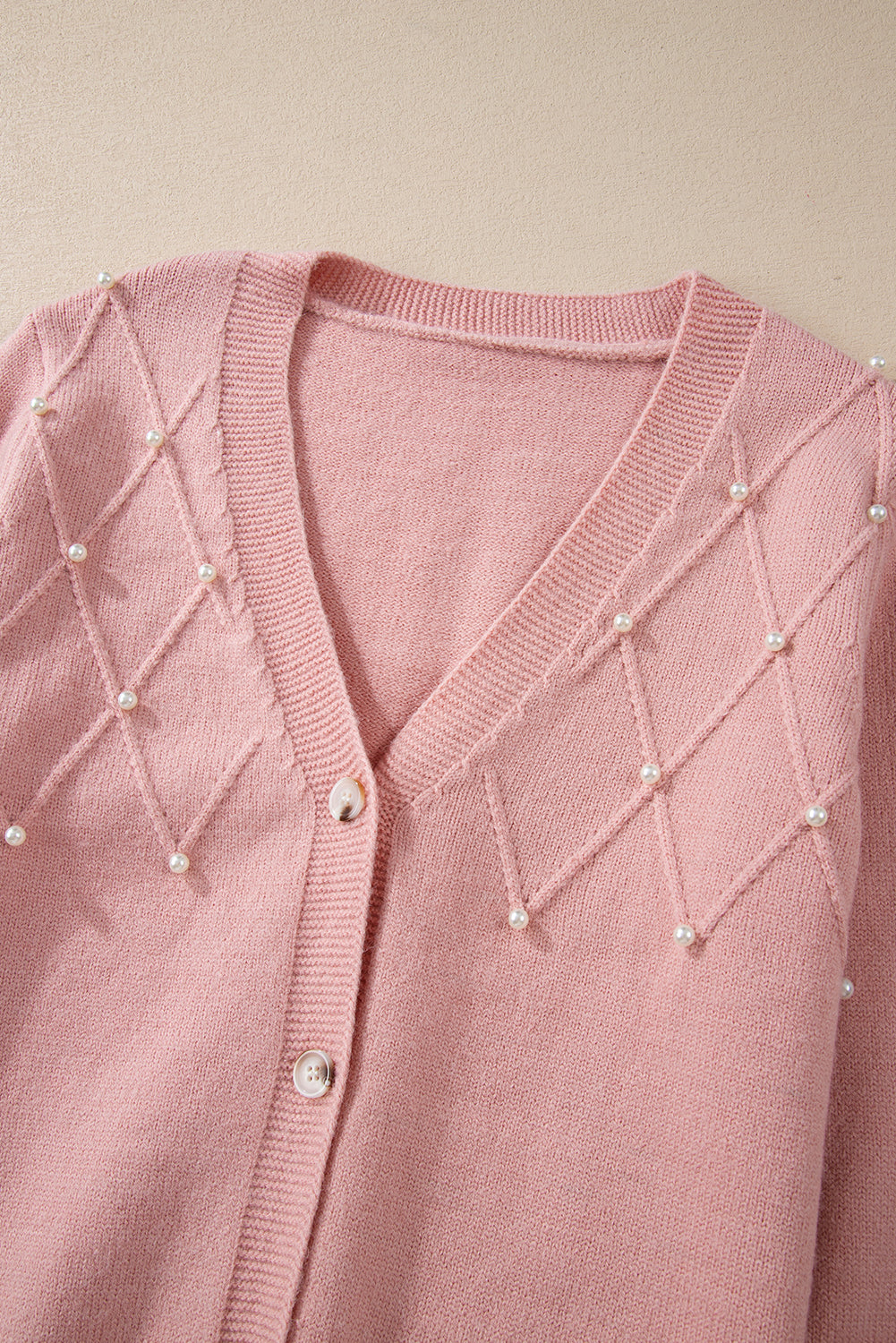 Sepia Rose Textured Knit Pearl Beaded Button Up Cardigan