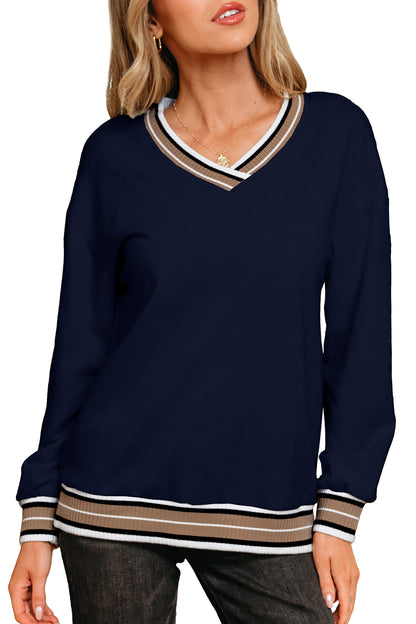 Navy Blue Varsity Contrast Striped Trim V Neck Sweatshirt