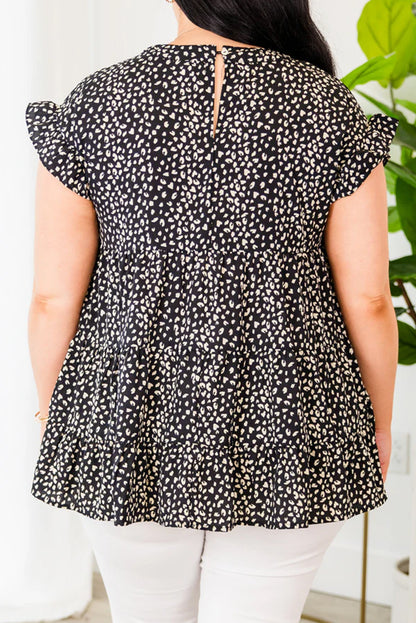 Black Leopard Print Ruffled Short Sleeve Keyhole Back Tiered Flowy Plus Size Blouse