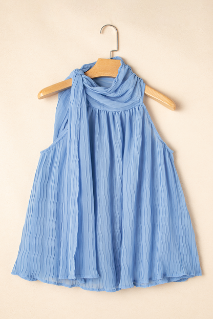 Myosotis Textured Pleated Tied Mock Neck Flowy Tank Top