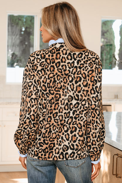 Brown Wild Leopard Print Contrast Striped Frilled Trim Chic Shirt
