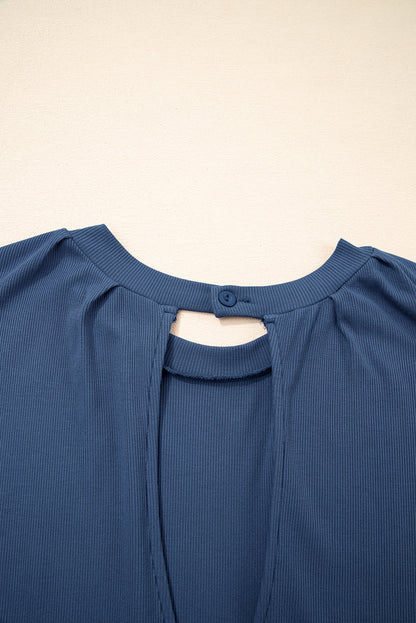 Ashleigh Blue Knit Open Back Cap Sleeve Drawstring Romper