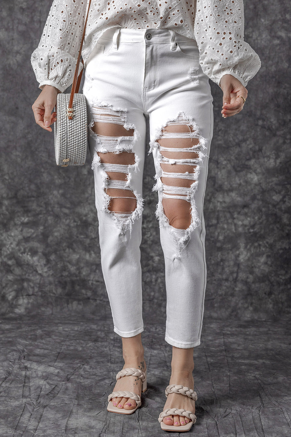 White Distressed Ripped Holes High Waist Skinny Jeans