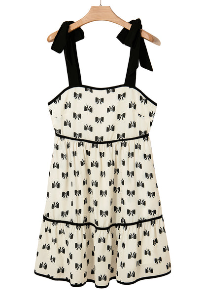 White Bow Knot Color Contrast Trim Knotted Shoulder Mini Dress