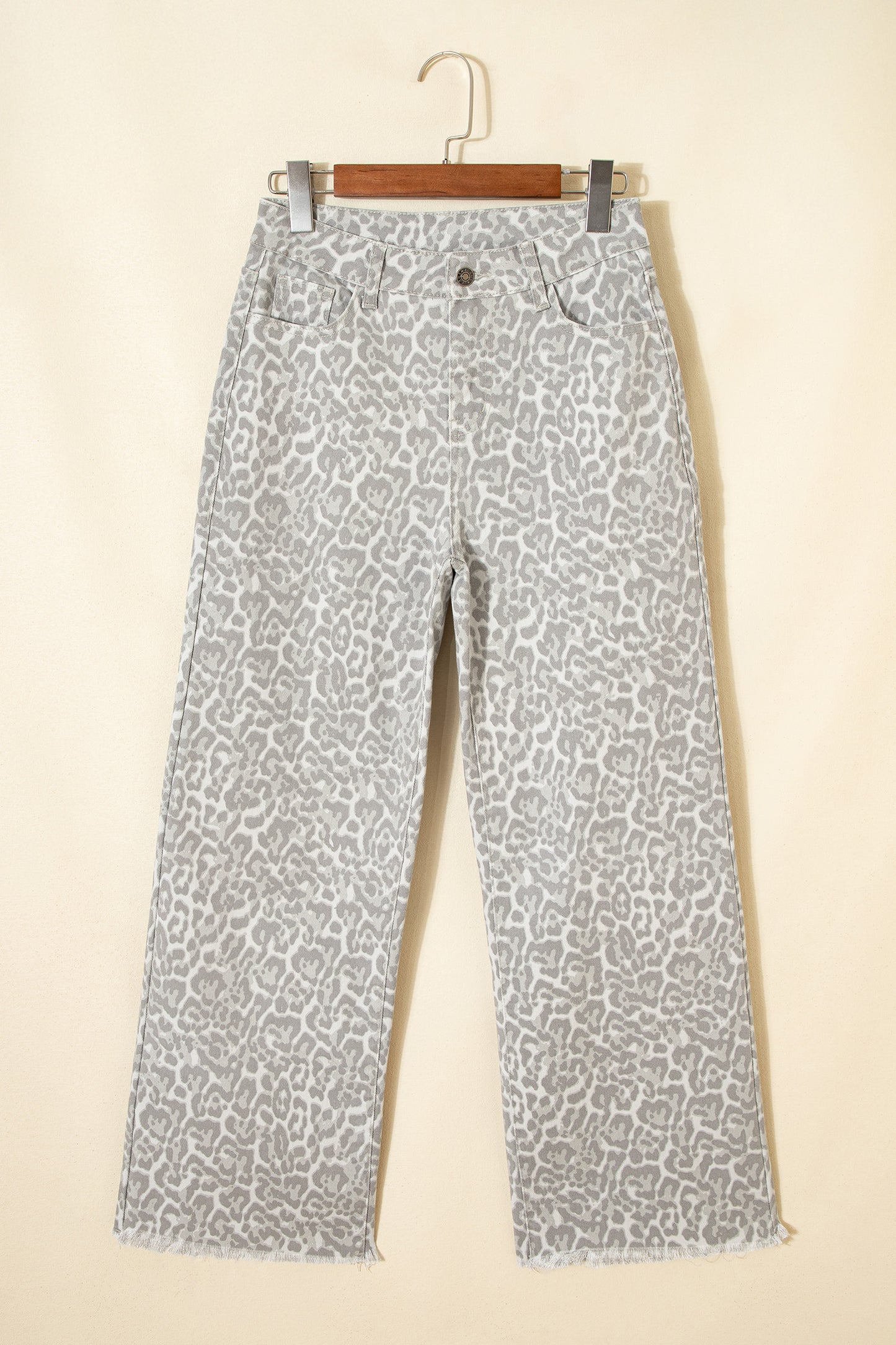Sky Blue Leopard Frayed Edge Wide Leg High Waist Jeans