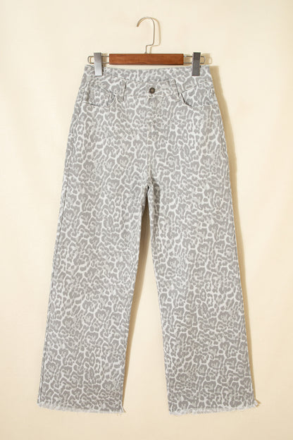 Sky Blue Leopard Frayed Edge Wide Leg High Waist Jeans