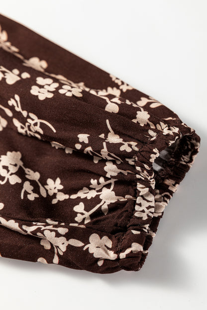 Brown Ditsy Floral Print Split Neck Long Sleeve Shirred Waist Flared Mini Dress